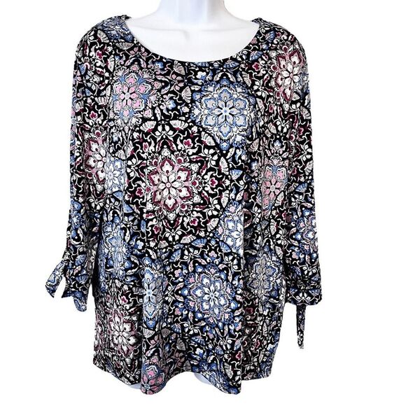 Croft & Barrow Womens Top Large Black Blue‎ Floral Kaleidoscope 3/4 Sleeve Boho - Picture 1 of 8